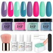 AZUREBEAUTY 12 Pcs Dip Powder Nail Kit Starter, Spring Summer Bright Pastel Green Hot Pink Purple 4 Colors Dipping Powder Liquid Set with Base/Top Coat Activator for French Nail Art Manicure DIY Gift
