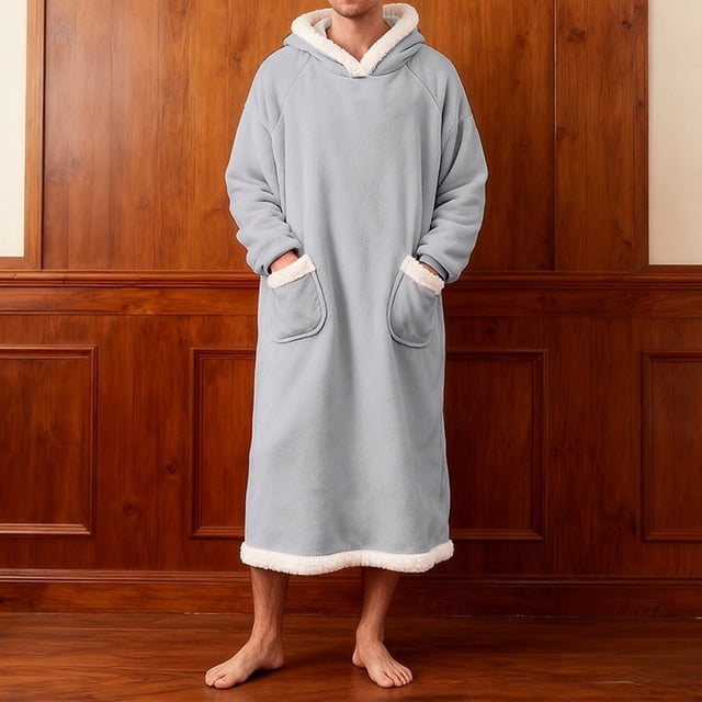 Batas de hombre de forro polar sólido informal con capucha y bolsillo, jersey de manga larga, bata de baño, bata de noche, pijama de poliéster para hombre