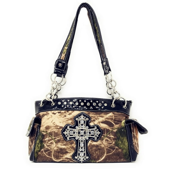 Western Camouflage Cross Women's Handbag Purse W/Zebra handles and Matching Wallet