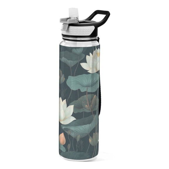 Qxltty White Lotus Flower Water Bottle 32 oz with Straw BPA Free Reusable Fitness Sport Bottle Perfect for Travel School Outdoors and Gym