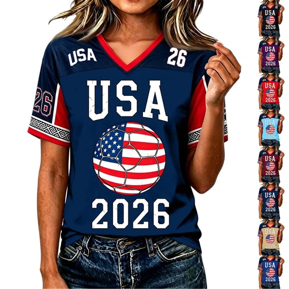 2026 New USA Soccer Jersey T-Shirt, United States Jersey Soccer, USA Team Pattern V Neck Short Sleeve Athletic Casual Football Top for Adult(Dark Blue, 2XL)