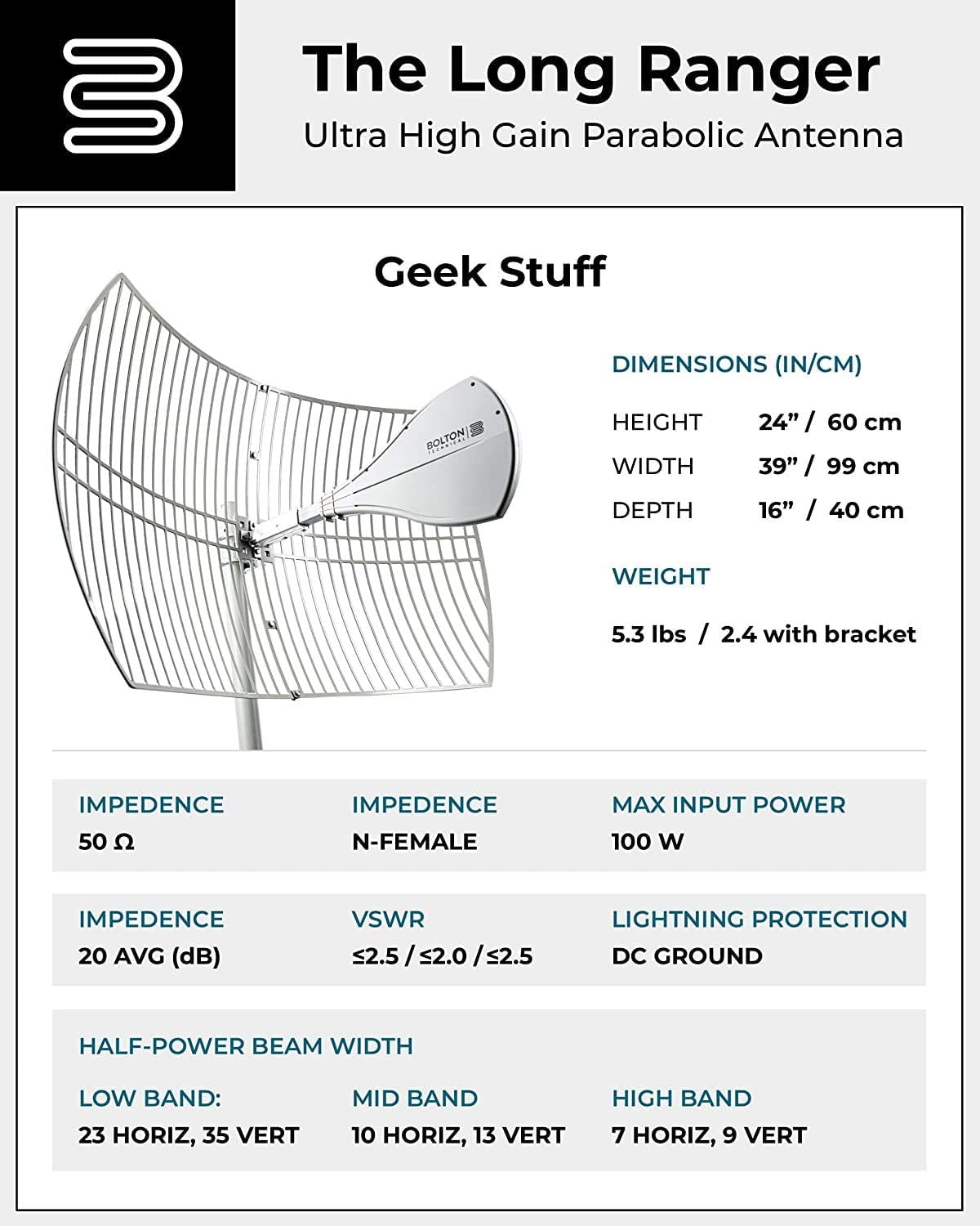 Bolton Technical Long Ranger Antenna | Upgraded Parabolic - Up to 20 Miles Range | All Cell Bands: 5G, 4G, LTE | WiFi 2.4/5 GHz WiFi 6 | High Gain Cellular/WiFi Antenna up to +28 dB | All Carriers