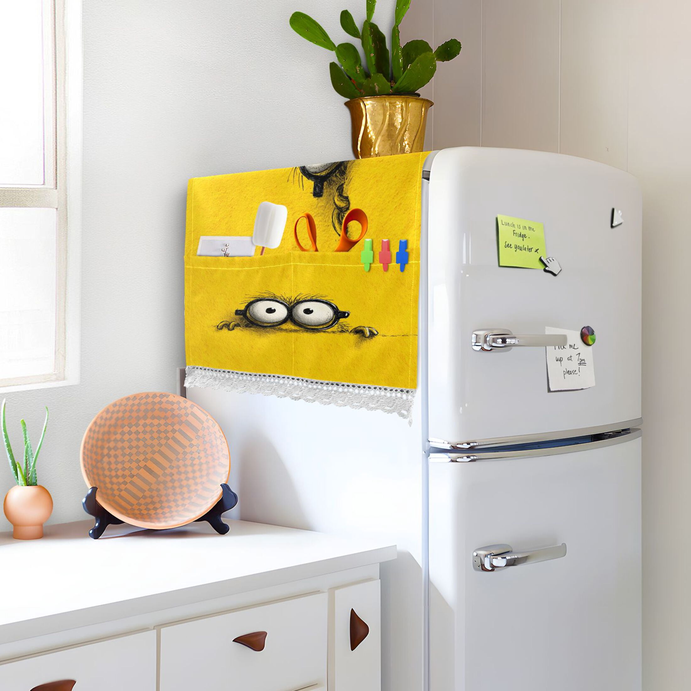 Washing Machine Cover 51.2x22in, Durable Polyester Dust Cover with Lace Trim and Side Pocket for Appliances Cartoon