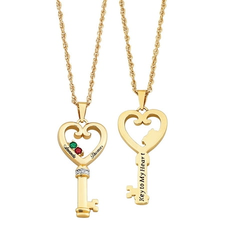 - Family Jewelry Women's Personalized 14kt Gold-Plated Couple's Name & Birthstone Heart Key Diamond Accent Necklace