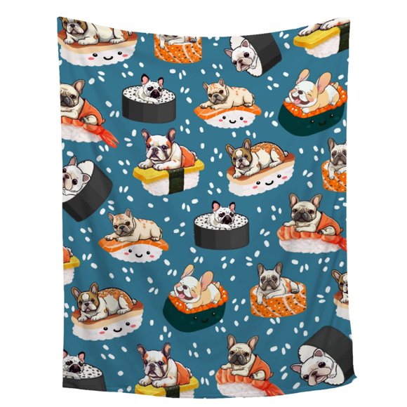 ZHONGKUI Couverture Bouledogue Français et Sushi, Couvertures Cadeau Bouledogue Français et Sushi Douces et Confortables, Couverture en Flanelle Polaire pour Canapé Camping, 40"x50 Pouces - Taille Jeté pour Enfants