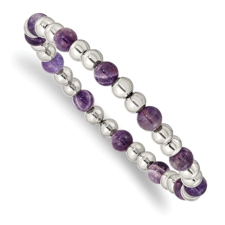 Primal Steel Stainless Steel Polished Purple Zebra Amethyst Beaded Stretch Bracelet
