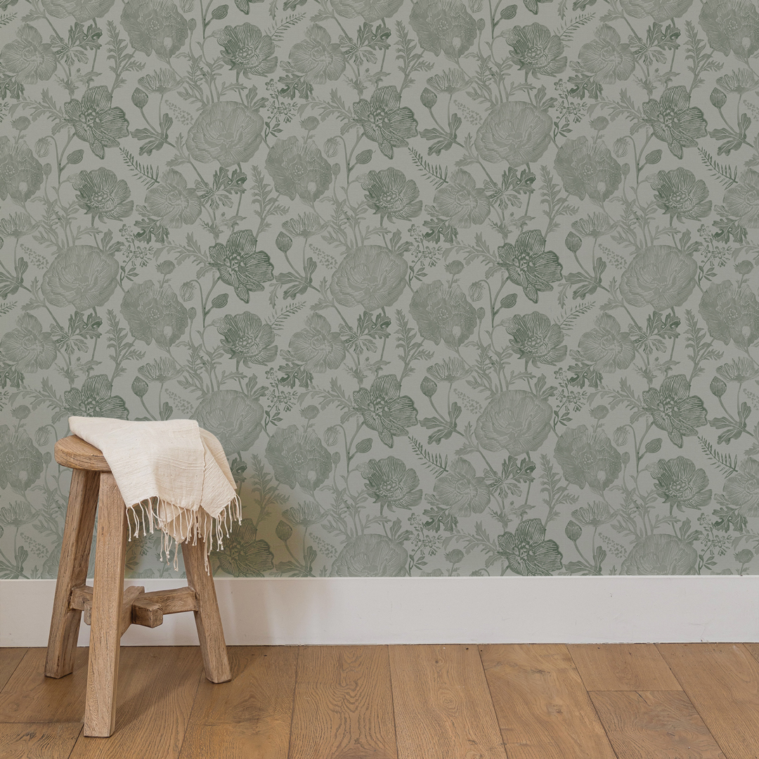 Tempaper x Pure Salt Textured Moss Green Poppies Removable Peel and Stick Floral Wallpaper, 20.5 in X 16.5 ft