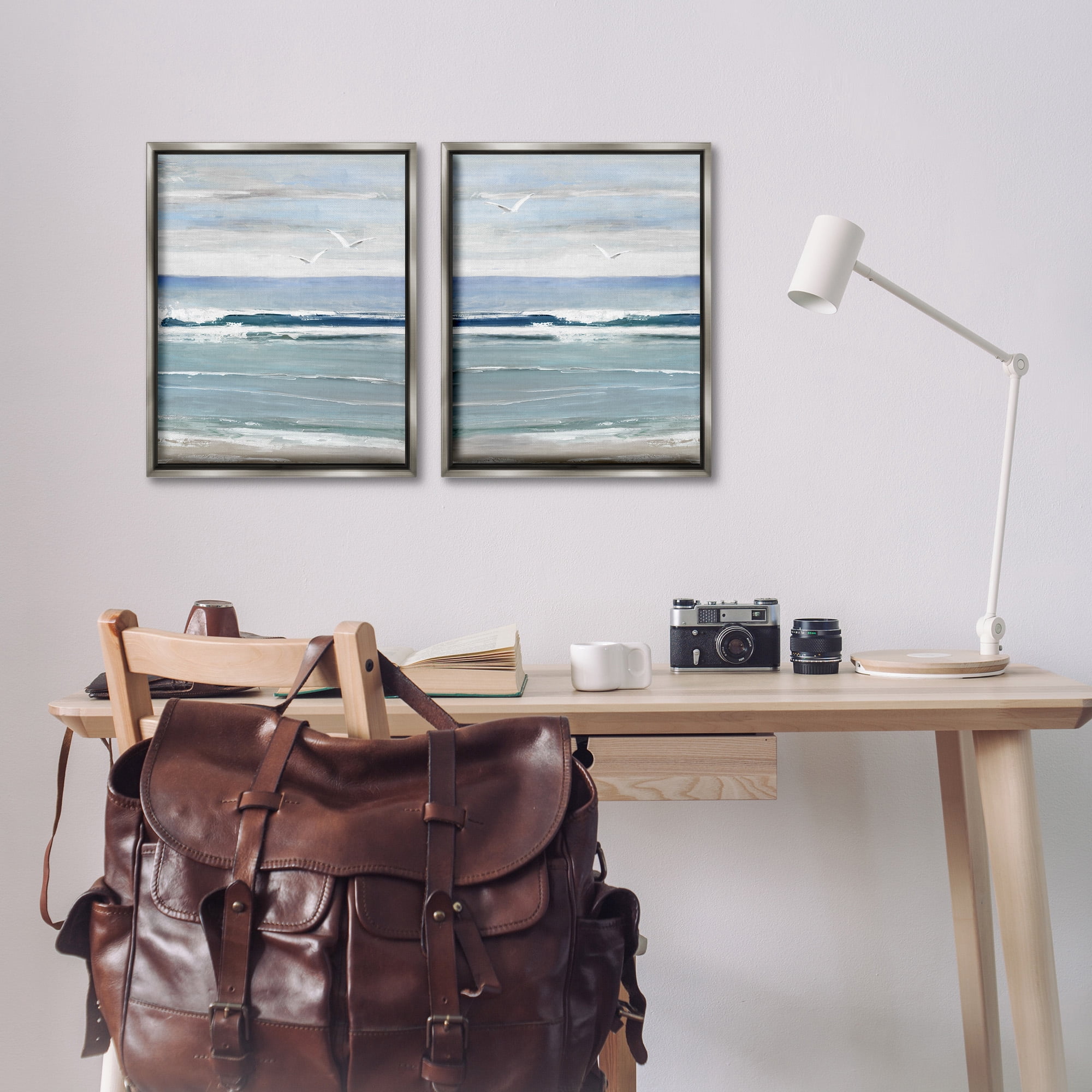 Stupell Industries Seagulls over Beach Waves Landscape Painting Gray Floater Framed Canvas Art Print Wall Art, 17 x 21, Set of 2