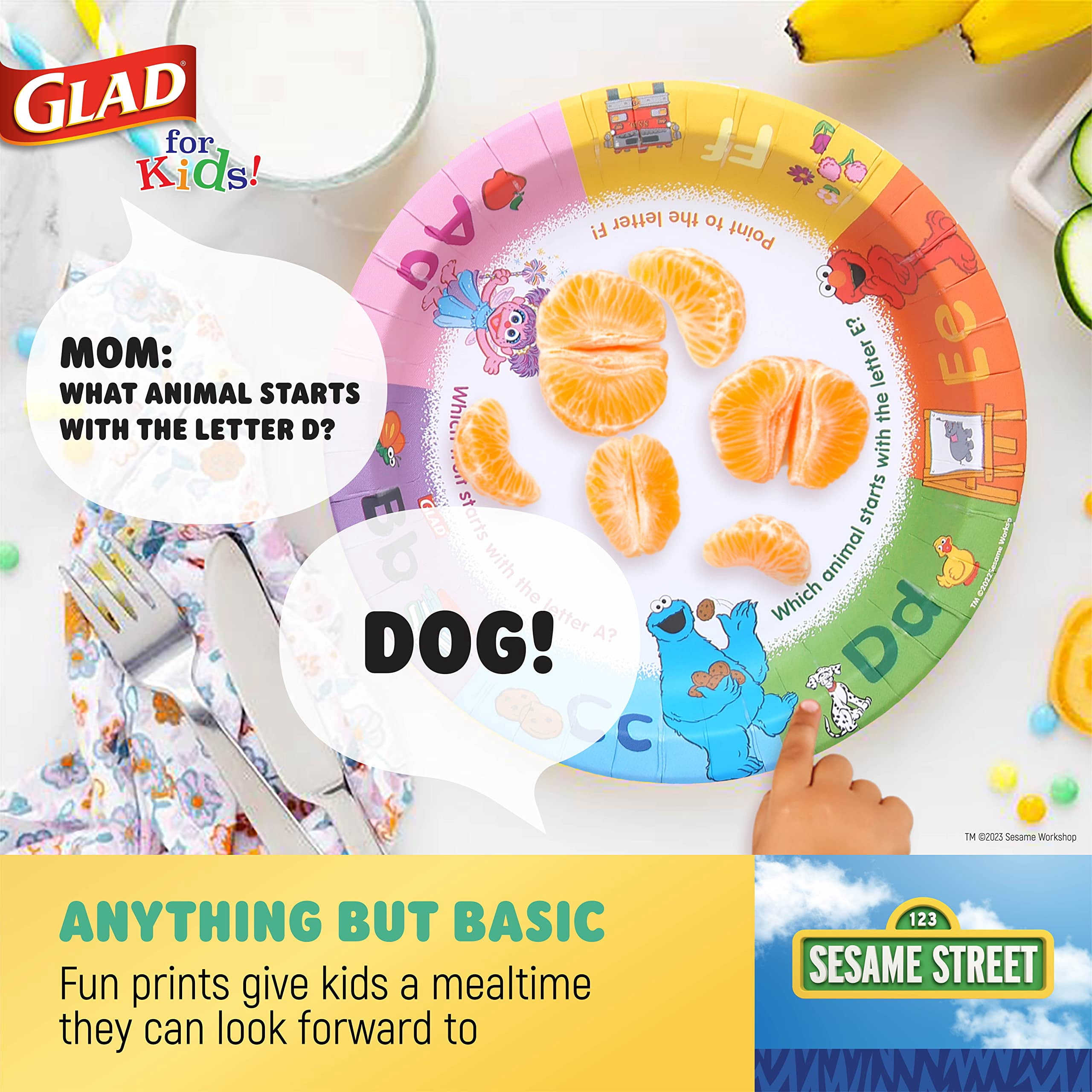 Glad for Kids Sesame Street Paper Plates Preschool Curriculum Style with Lessons & Questions, 8.5 Round, 48ct | Sesame Street Paper Plates, Kids Disposable Plates | Elmo Paper Plates