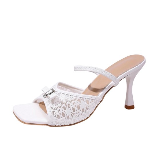 Gpaecead Women's Lace Bow Stiletto Heel Mules Square Open Toe Elegant Party Evening Dressy Shoes With Heart Rhinestone Buckle, White