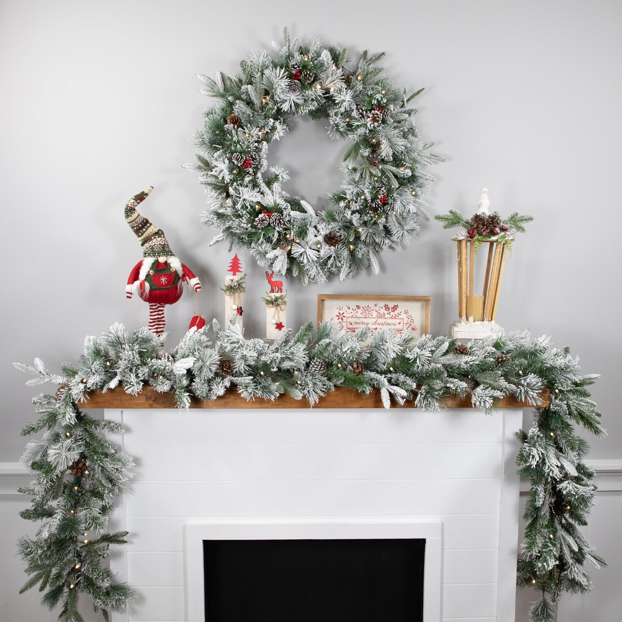 Pre-Lit LED Flocked Mixed Rose Mary Emerald Angel Pine Artificial Christmas Wreath - 30-Inch Clear Lights