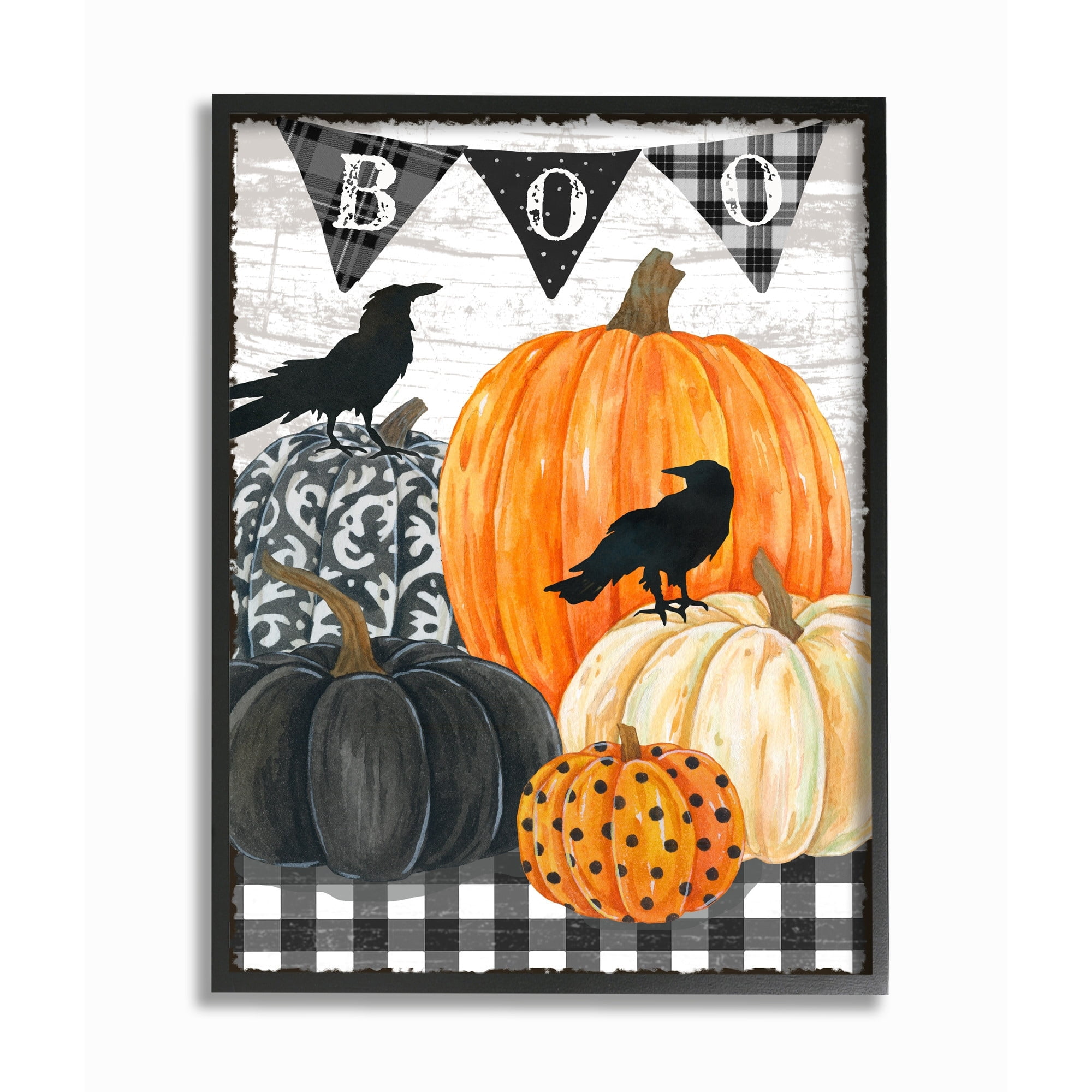 Stupell Industries Whimsical Halloween Scene Farm Table Pumpkin Crows Framed Wall Art Design by Andrea Tachiera, 11" x 14", Gray Framed