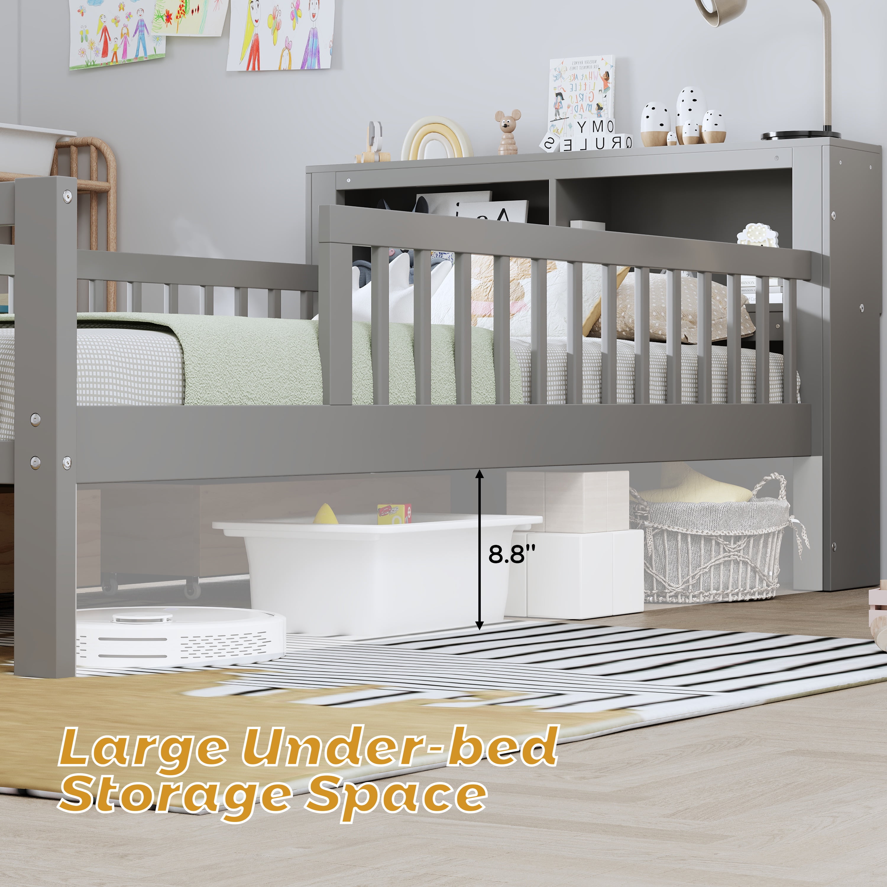 Twin Bed Frame for Kids, SHINPT Twin Size Bed Frame with Headboard Storage Rack, Storage Bed Frame with Two Under-Bed Drawers, Bed for Kids with three-Side Guardrails, White, Pink, Gray, Walnut