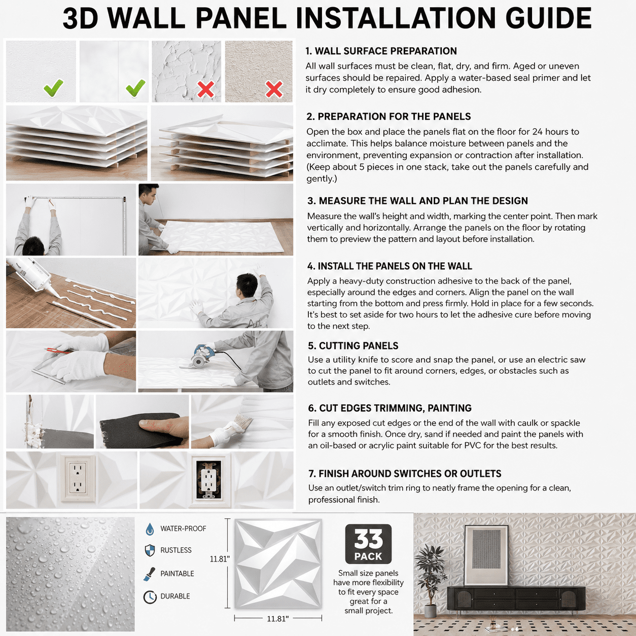 33 pcs 11.81''x11.81''  3D Wall Panel Diamond for Interior Home Decor,PVC  Wall Coverings, Wall Decor PVC Panel,White