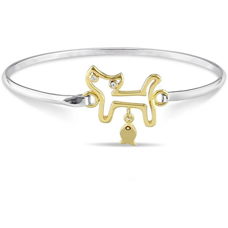 White Sapphire-Accent Two-Tone Sterling Silver Cat Shape Bangle Bracelet, 7.5
