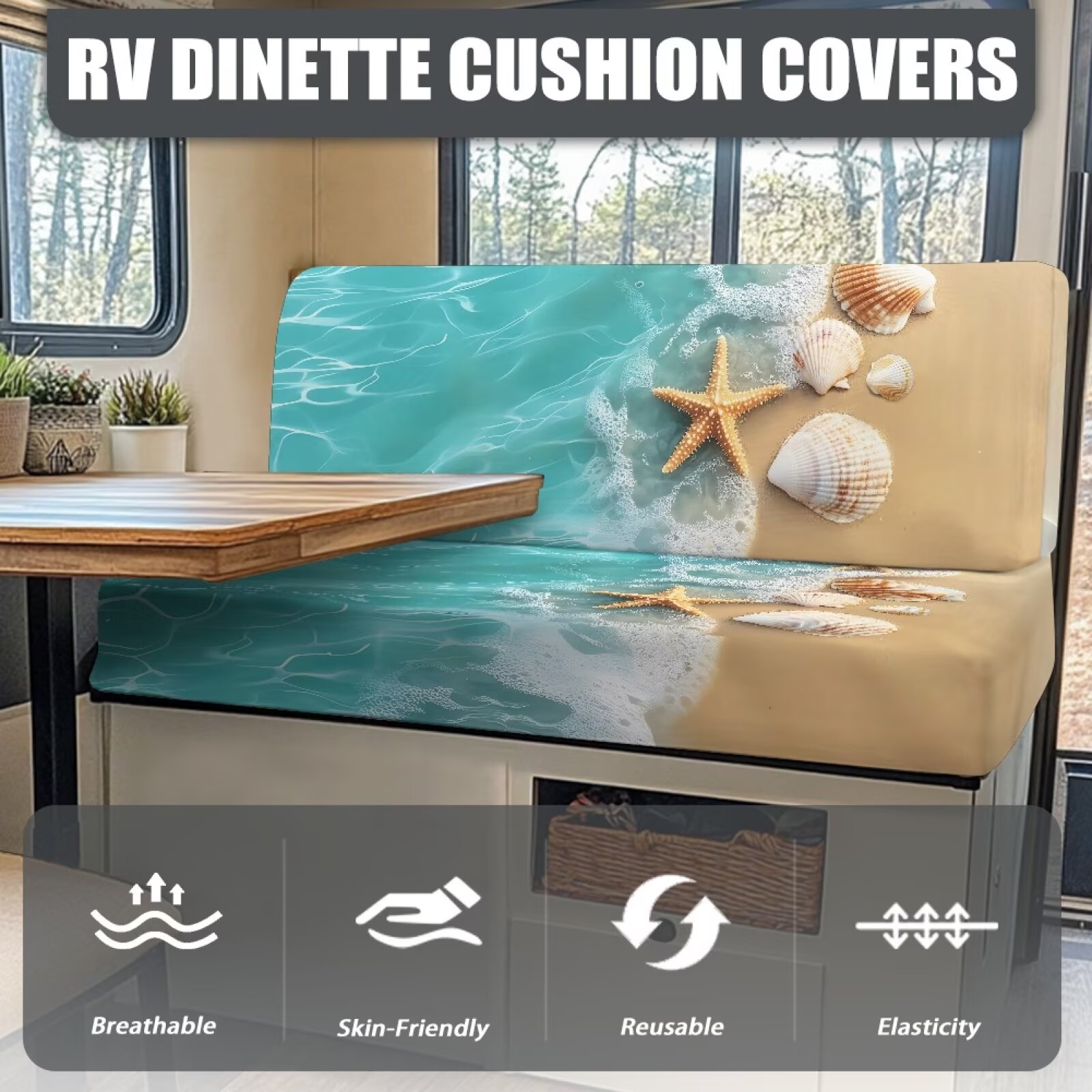 Pzuqiu Beach Starfish RV Dinette Cushion Covers Stretchable Loveseat Sofa Furniture Protector Elastic Camper Cushion Slipcoversfor RV Camper Car Bench
