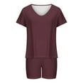 thumbnail image 4 of Womens 2 Piece Outfits Summer Short Sleeve V-Neck Blouses & Shirts Sets 2PC Women's V Neck Shorts Sleeve Two-piece Comfortable Home Pajamas Set Sports Set 2 Piece Set Wine s, 4 of 5