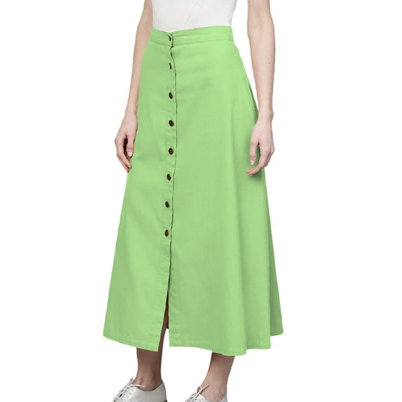 Women's Cotton A-line Button Front High Waist Front Slit Knee Length Skirt, Color : Pista Green, Size: 3XL