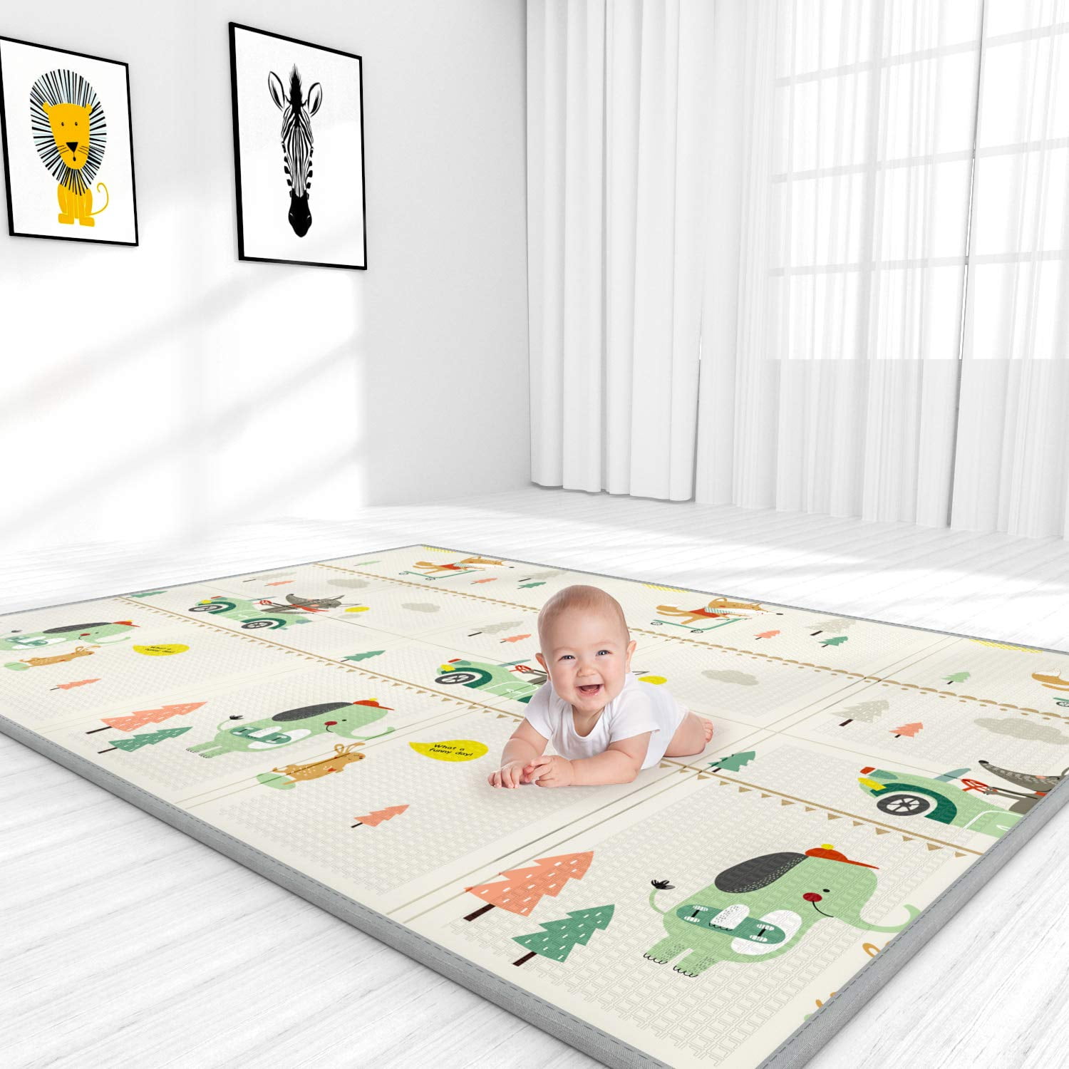 Oversize Folding Baby Playmat with Two-Side Pattern Printing and Water Drop Height Chart Thickened Non-Slip Foam Play Mat for Kids Floor Crawling Baby Play Mat