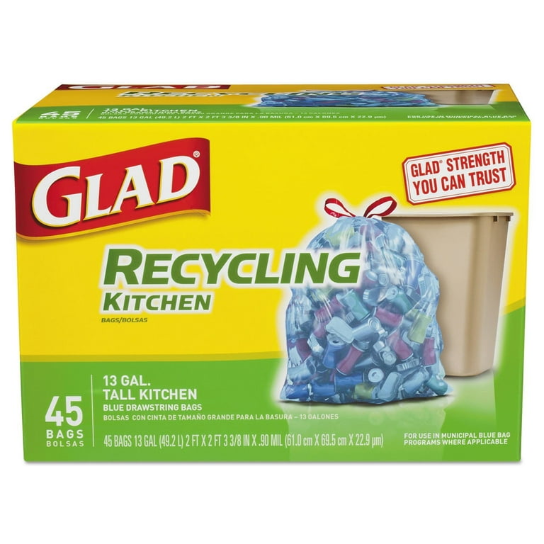 Glad Tall Kitchen Trash Bags, 13 Gallon, 45 Bags (Blue Recycling) 