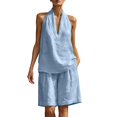 thumbnail image 2 of Costeam Womens Halter V Neck Short and Capri Pants Two Piece Outfit Lightweight Linen Blend Loose Fit Solid Color Casual Summer Co Ord Set, 2 of 6