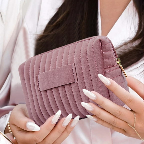 Embroidered Striped Velvet Cosmetic Bag with Waterproof Polyester Material for Makeup Storage and Travel Organization