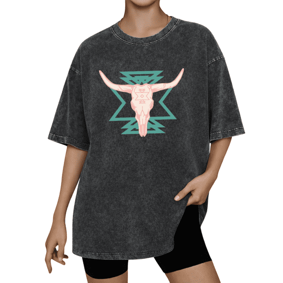 UNISHE Women's Pastel Longhorn Graphic Vintage Washed T-Shirt Short Sleeve Oversized Geometric Western Tee