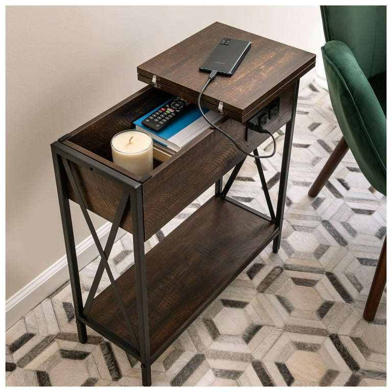 DecorTech Metal and Wood Flip Top End Table with AC Power and USB