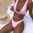 thumbnail image 4 of Traje de baño para mujer, cuello en V, color puro, cintura alta, espalda en T, correas regulables, 9 formas, botón trasero, trajes de baño divididos para playa, rosa, M, 4 of 6