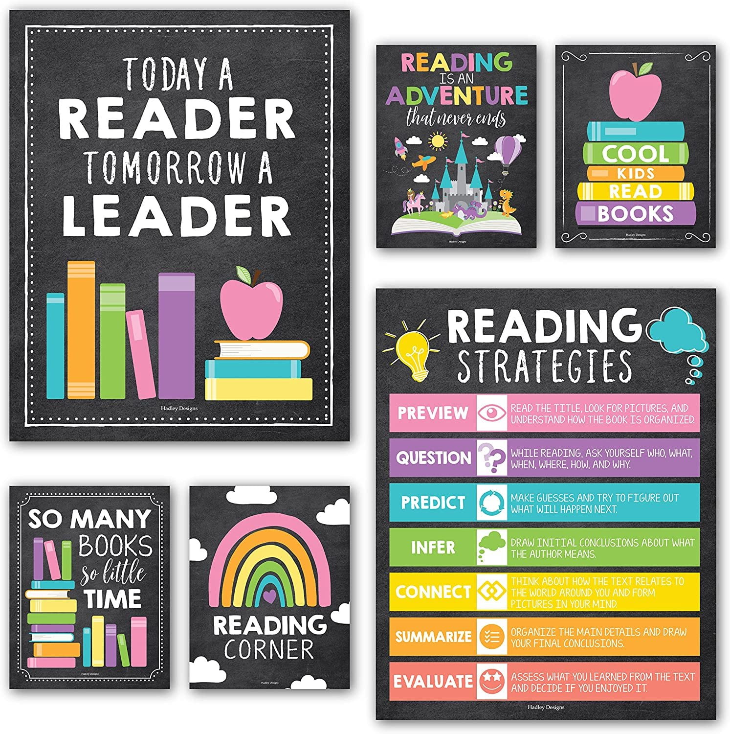 6 Colorful Reading Posters For Classroom Library Decorations For School