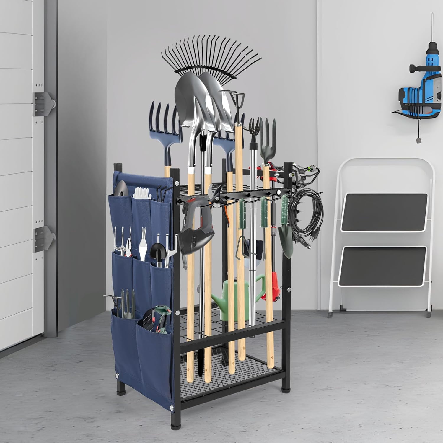 Freestanding Garden Tool Rack, 3-Tier Heavy Duty Organizer with Hooks and Pockets for Shovels, Rakes, Brooms – Outdoor Yard Storage Solution