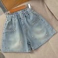 thumbnail image 4 of GiLiling Girls Bow Print Elastic Waist Denim Shorts, Frayed Hem Jean Shorts with Pockets for Kids Summer Casual Wear (Light Blue, 5-6 Years), 4 of 7
