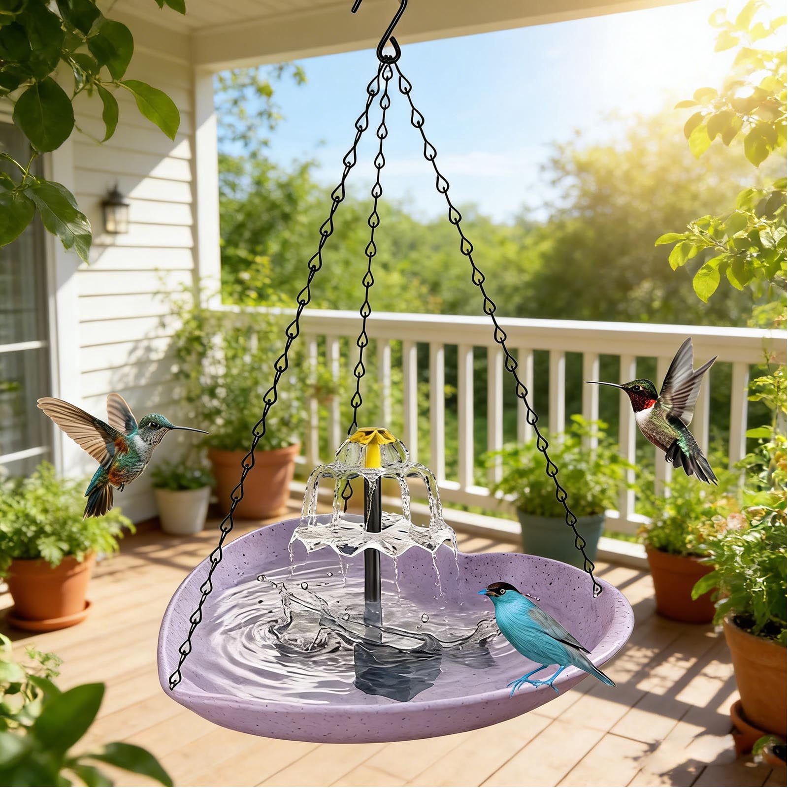 Fountwell Hanging Solar Bird Bath Fountain with Built-in Pump, Heart-Shaped Basin Cascade Water Flow – All-in-One No Wiring for Garden, Patio, Hummingbirds