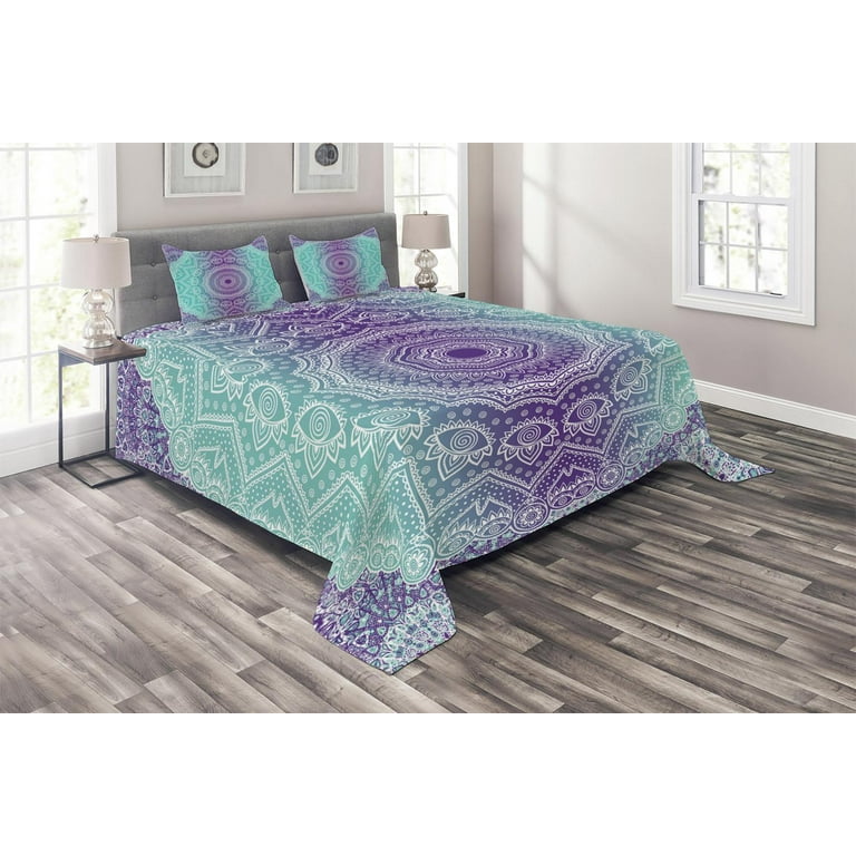 Purple and Turquoise Coverlet Set King Size Hippie Ombre Mandala Inner Peace and Meditation with Ornamental Art Quilted 3 Piece Decor Bedspread Set