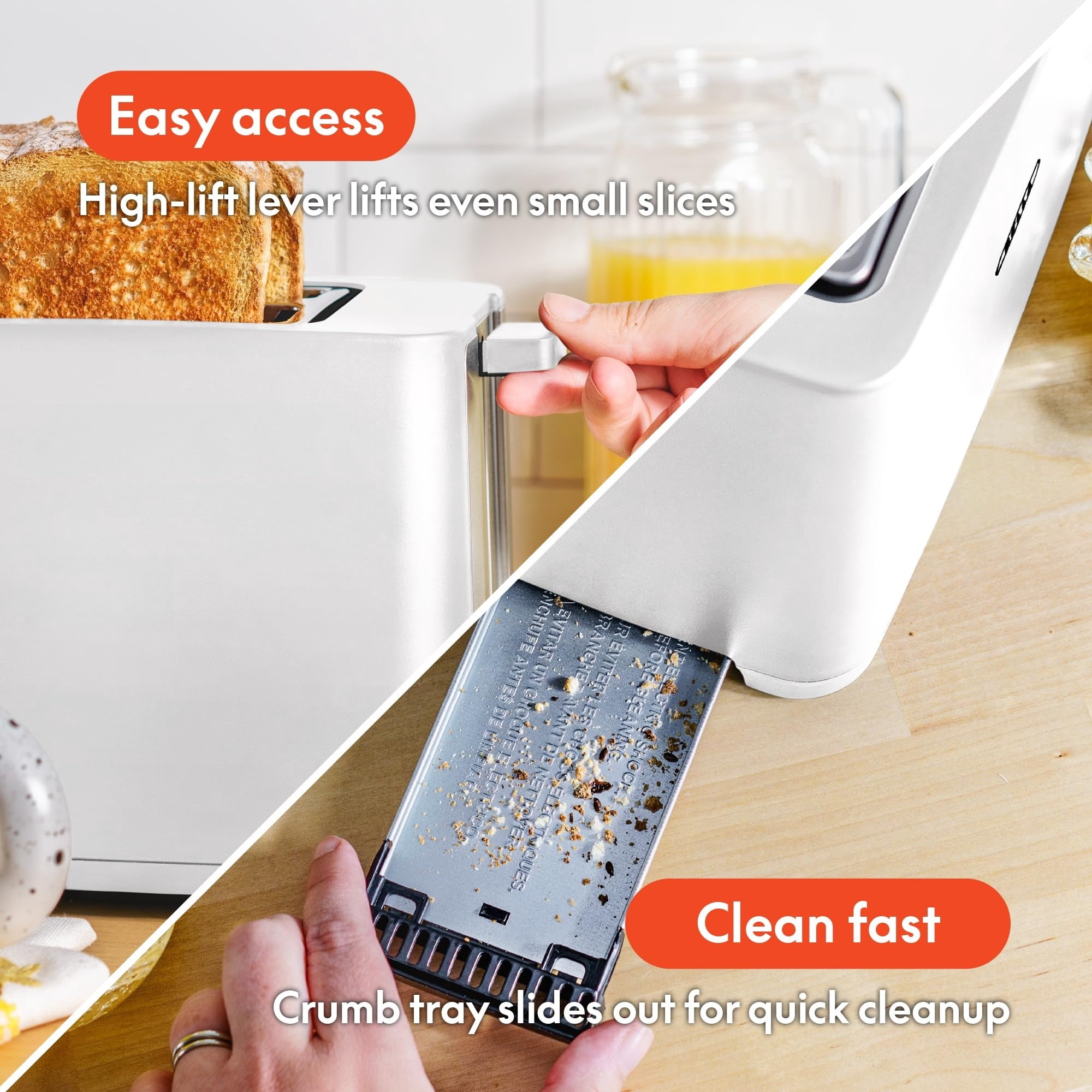 Double-slot toaster with automatic shut-off - extra-wide slots, removable crumb tray, and cancel, defrost, and reheat functions - can toss bread, bagels, and waffles.
