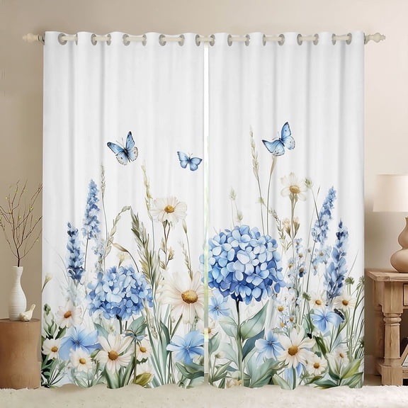 Erosebridal Flying Blue Butterflies Black Out Curtains For Girls,Teens Floral Daisy Flowers Curtains Pack of 2 (42x63 Each)