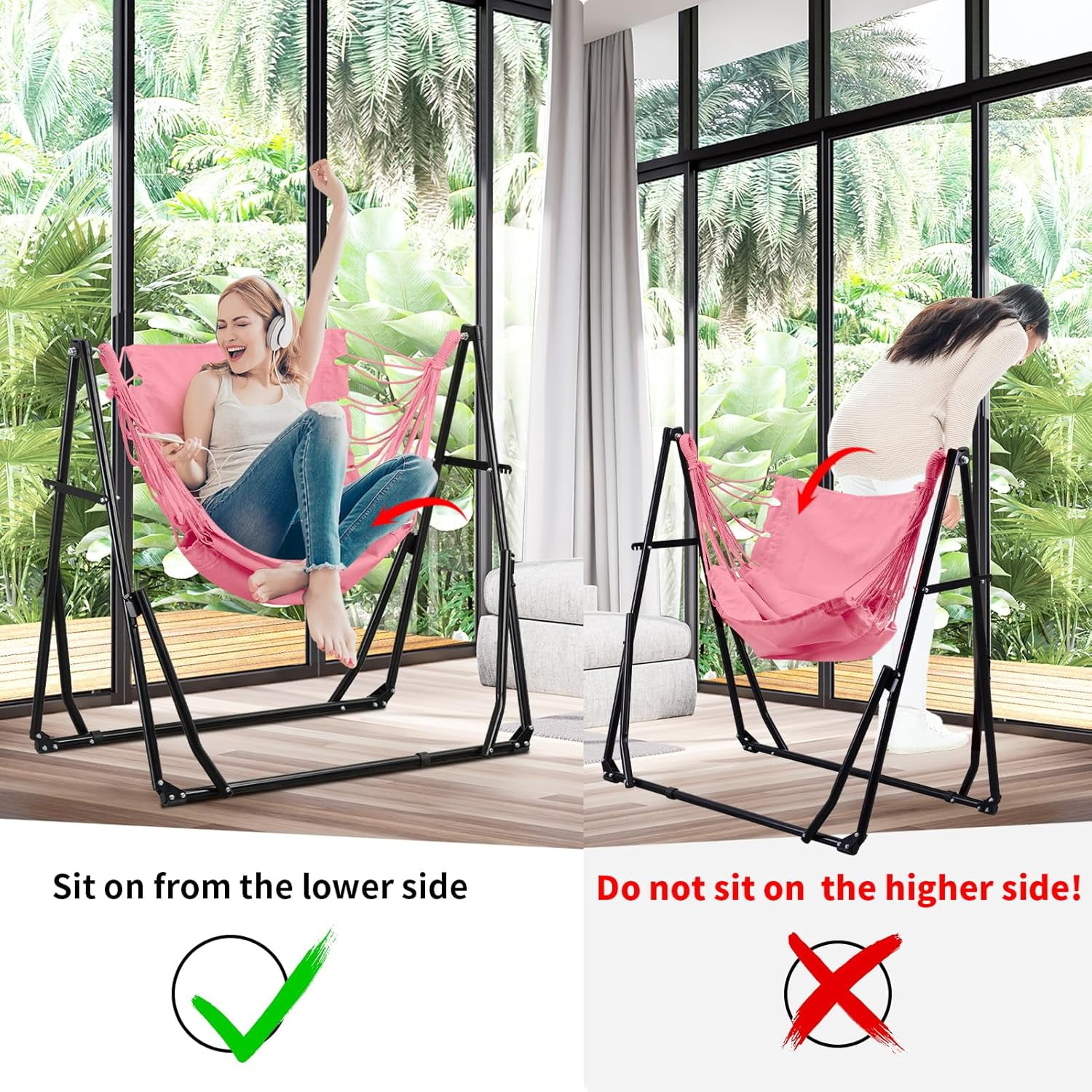 2 in 1 Hammock with Stand, Outdoor Hammock Swing Chair with Portable Heavy Duty Stand, Multi-Functional Hammock Stand 480 lbs Weight Capacit-Pink