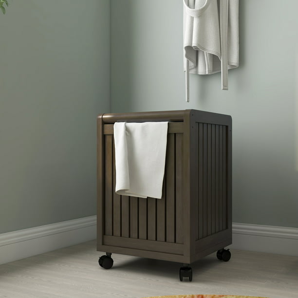 Newridge Home Goods Abingdon Mobile Rolling Laundry Hamper With Lid Solid Wood Espresso, Grey Wooden Laundry Box With Lid