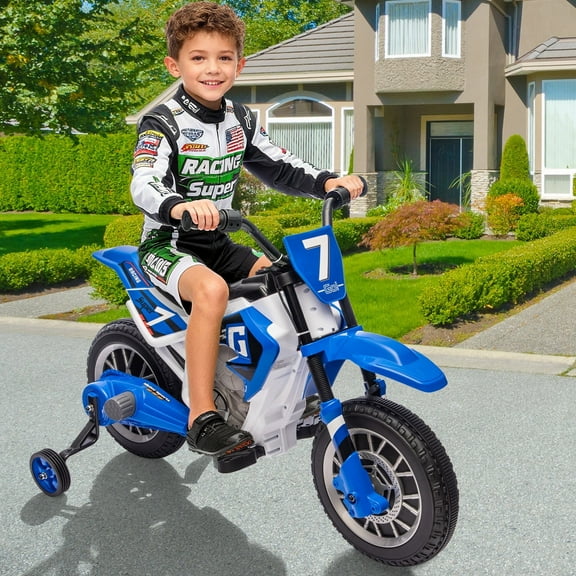 12V Battery Powered Kids Ride On Motorcycle Dirt Bike w/Training Wheels,2-Speeds,Music,Spring Suspension(Blue)