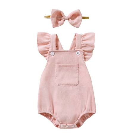 

Girls Romper Fly Sleeve Solid Backless Ruffles Romper Bodysuits With Pocket Headbands Set Baby Girl Clothes