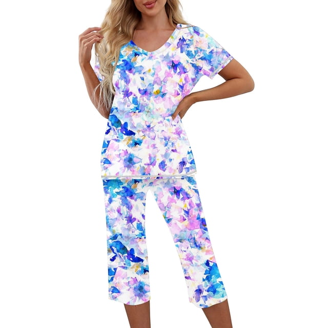 Pantalones de Mujer Traje de Ocio de Manga Corta con Cuello en V Y Pantalones Recortados Set de Impresión para Casual Y Deporte