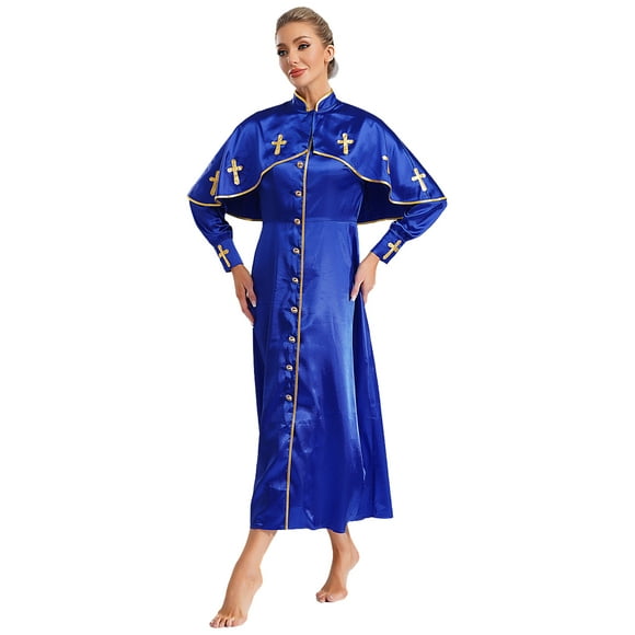 Miaeowve Church Clergy Dress for Women Choir Robe Stand Collar Minister Elegant Long Sleeve Maxi Dress Blue XXL