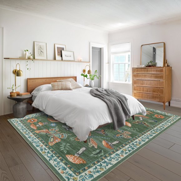 HOMERRY Washable 5' x 7' Area Rug for Living Room Modern Mushroom Print Indoor Washable Neutral Carpet, Green