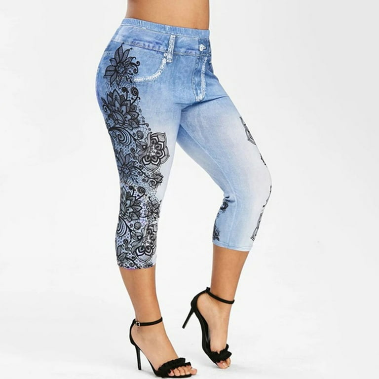 Denim Capri Leggings Floral Print High Waisted Jeans Plus Size Womens  Casual Yoga Cropped Pants with Pockets (XX-Large, Blue) 