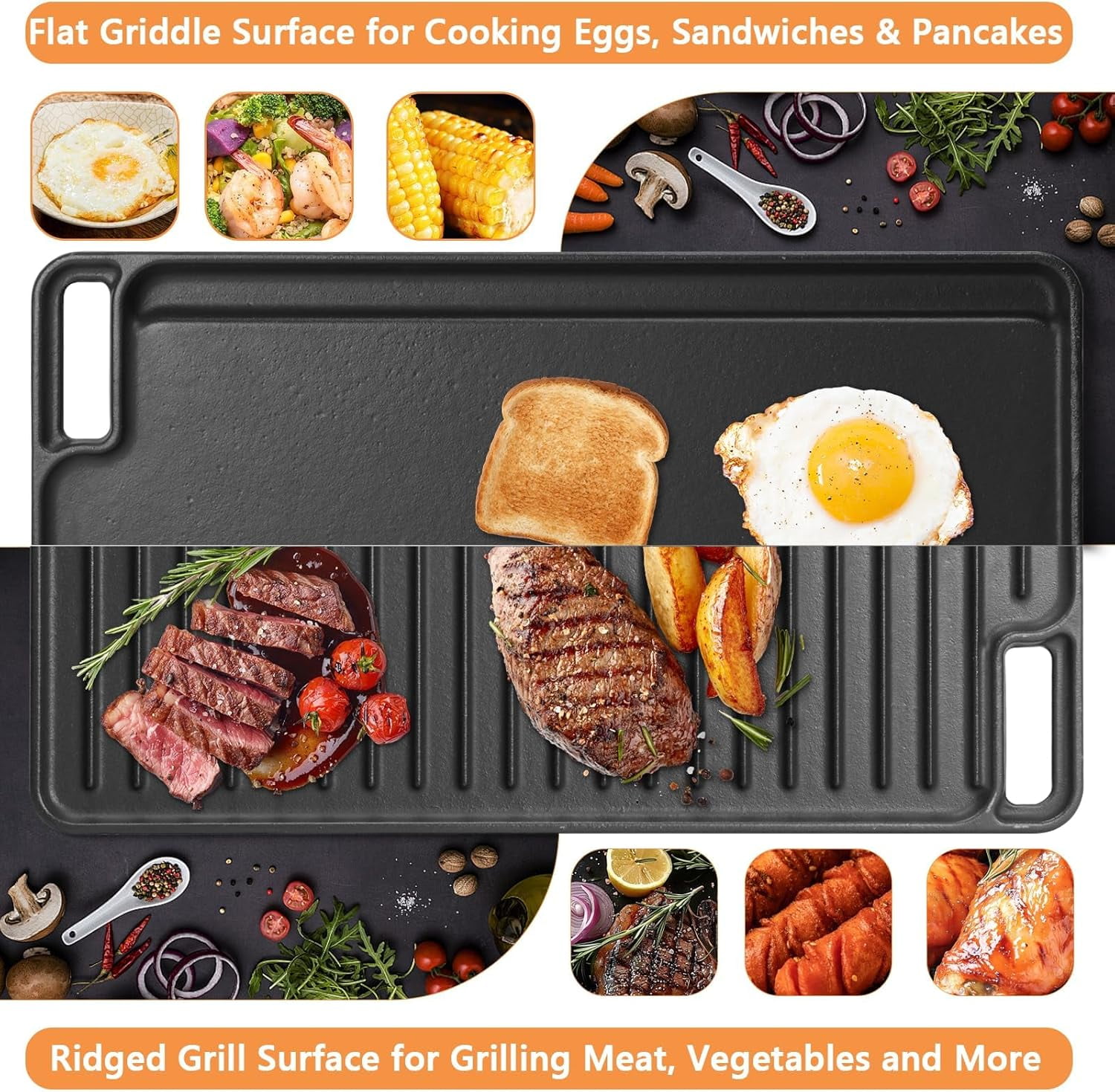 Large Cast Iron Griddle Insert,  Skillet, Reversible Pancake Pan for Gas Stove, Oven & Campfire