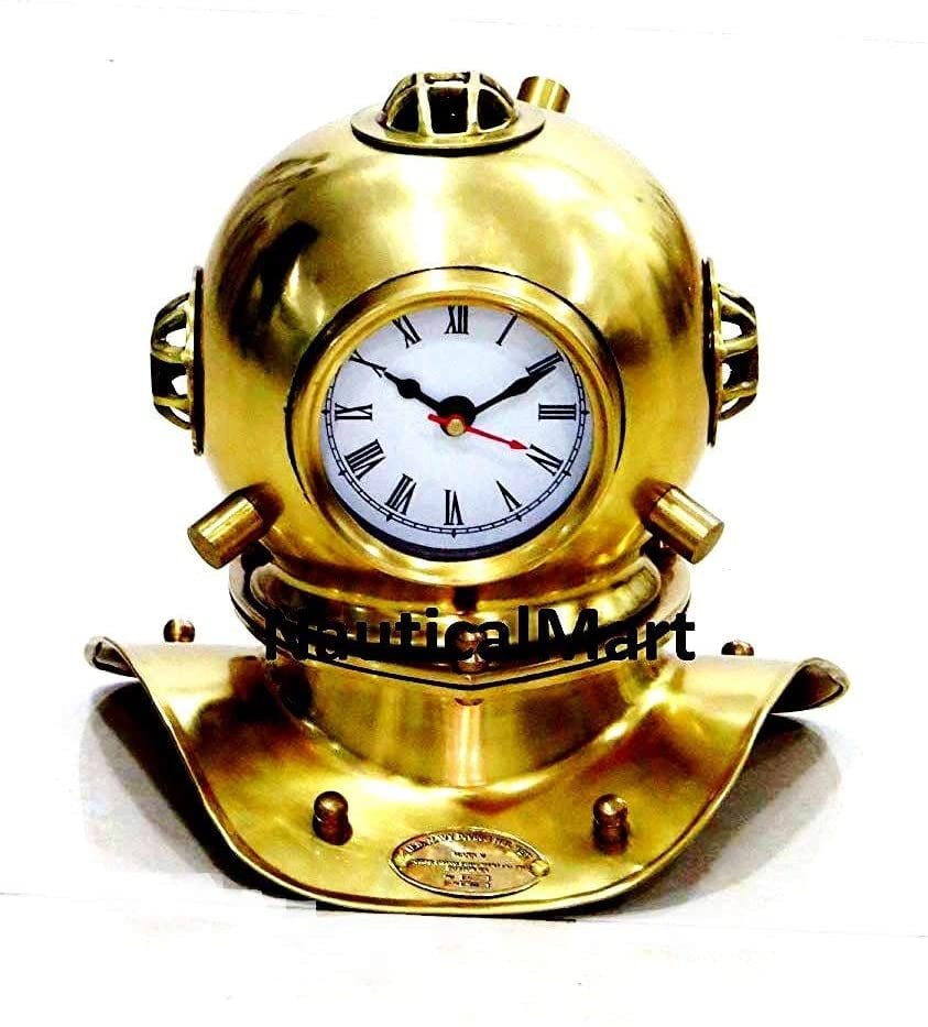 Solid Brass Nautical Divers Helmet Clock U.S Navy