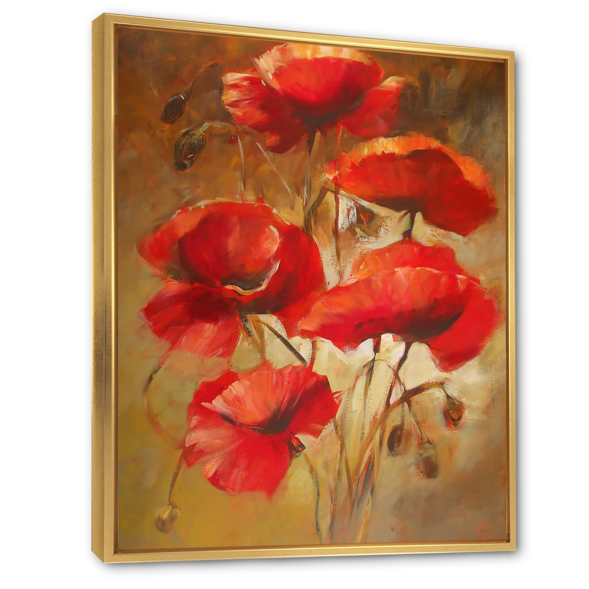 Red Blossoming Poppies Over Wild Brown I 24 in x 32 in Framed Painting Canvas Art Print, by Designart