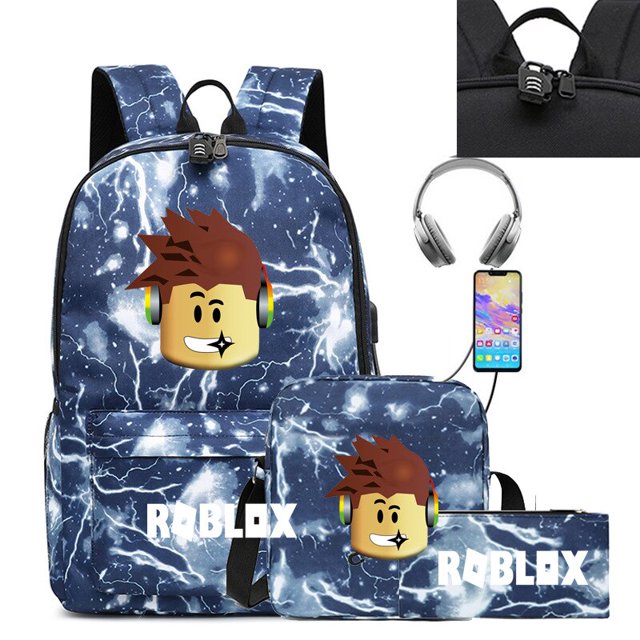 Roblox bolsa de hombro de carga USB periférica de juego de tres piezas, bolso de lápiz de un solo hombro, bolso escolar para estudiantes de escuela secundaria