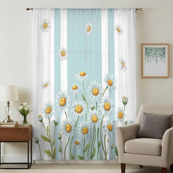 Spring Daisy Sheer Curtains 108 Inches Extra Long, Botanical Florals Aqua Stripes Light Filering Curtains, Privacy Drapes Simi Floor to Veiling Curtain for Living Room Bedroom Large Window Treatment