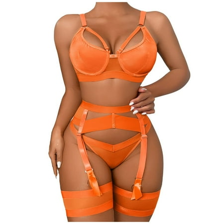 

DORKASM Womens Push Up Bra and Panty Sets Sexy Teddy Lingerie Strappy Babydoll Lingerie Set with Garter Orange XL